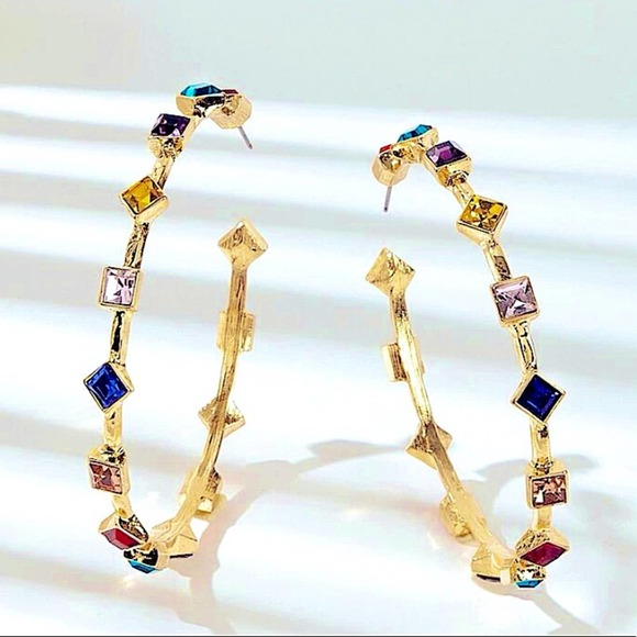Gold 18K GP Multicolored Gemstone Cuff Hoop Earrings - Picture 10 of 12